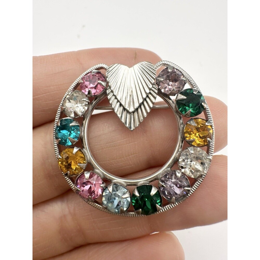 Vintage Sterling Silver Rhinestone Wreath Brooch Pin Multicolor
